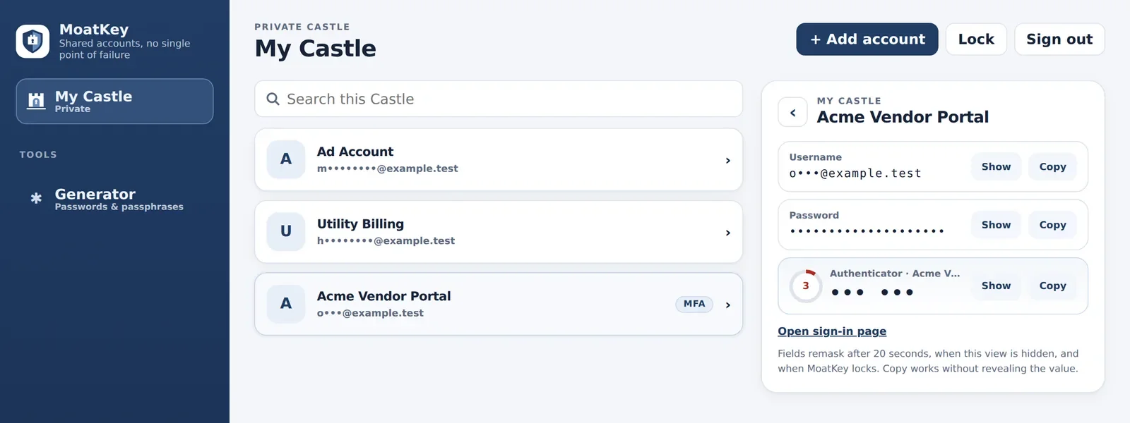 MoatKey Castle view showing saved accounts and a two-factor code