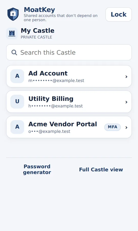 MoatKey browser extension popup listing accounts