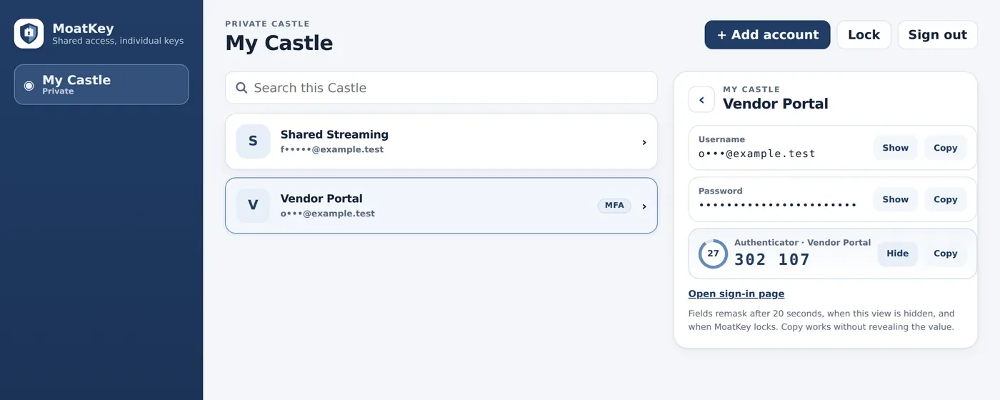 A shared Castle with a vendor portal login and live authenticator code