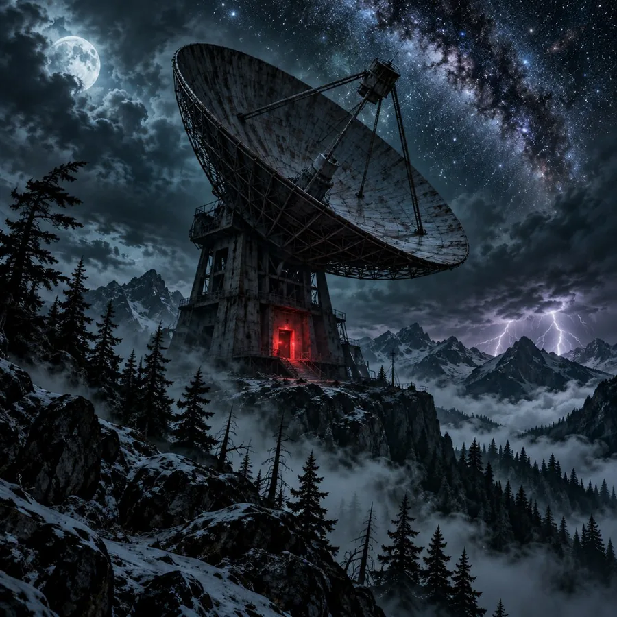 An abandoned radio observatory at night, one of ShroudWave's hidden pictures