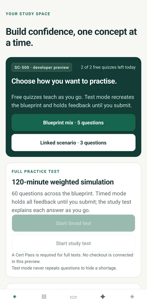 CertMonk study screen with practice quiz options